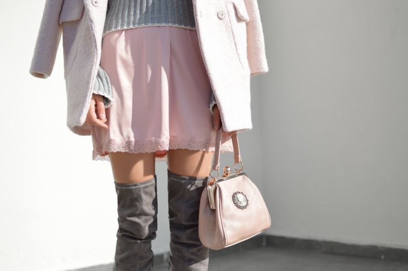 Designer Handbag - women's pink skirt and gray knee boots outfit